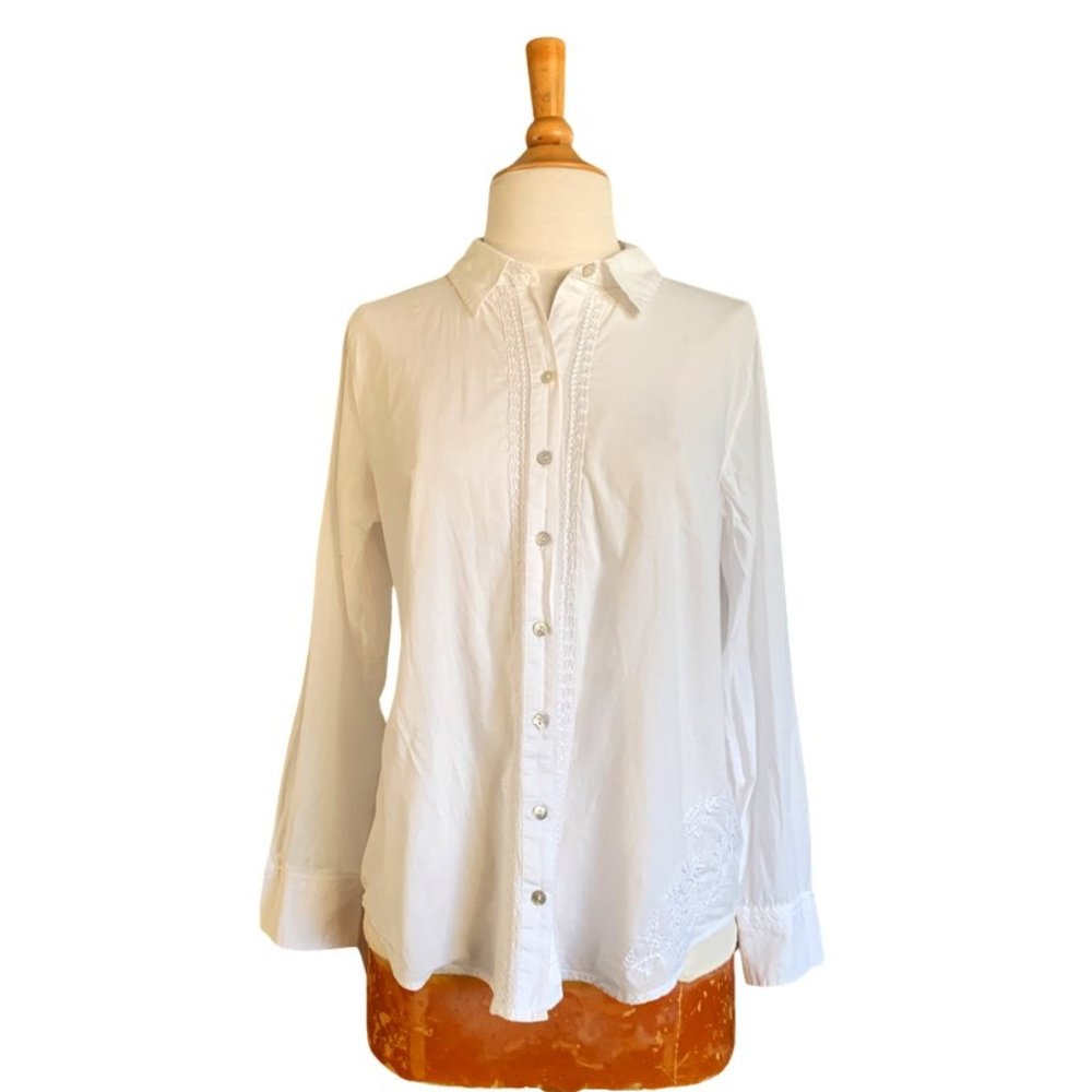J. Jill White Floral Embroidered Button Up Blouse